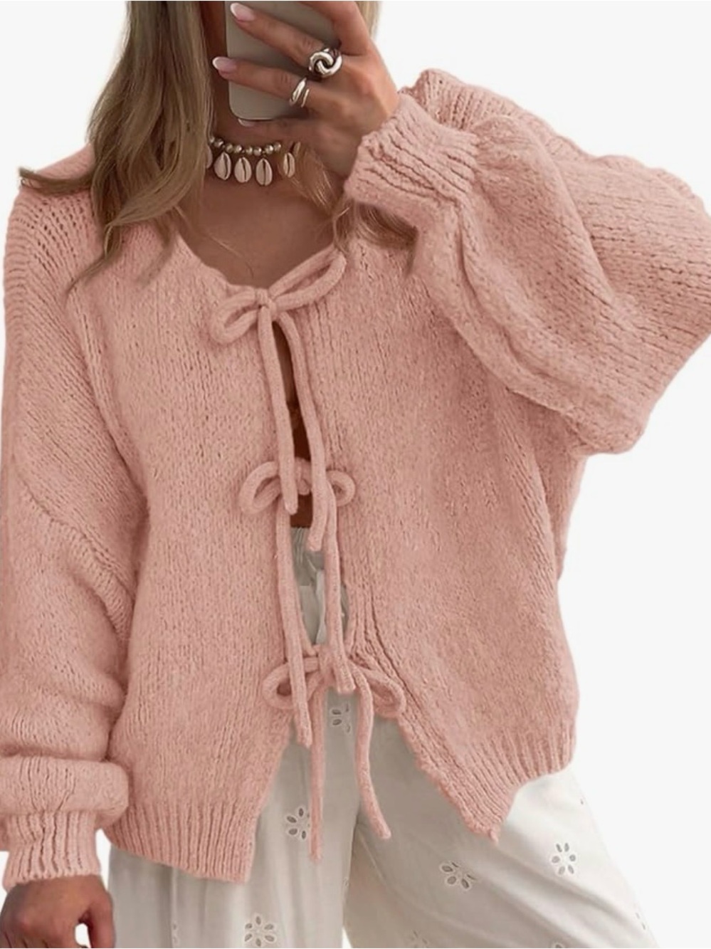 Amazon Pink Tie-Front Chunky Knit Cardigan
